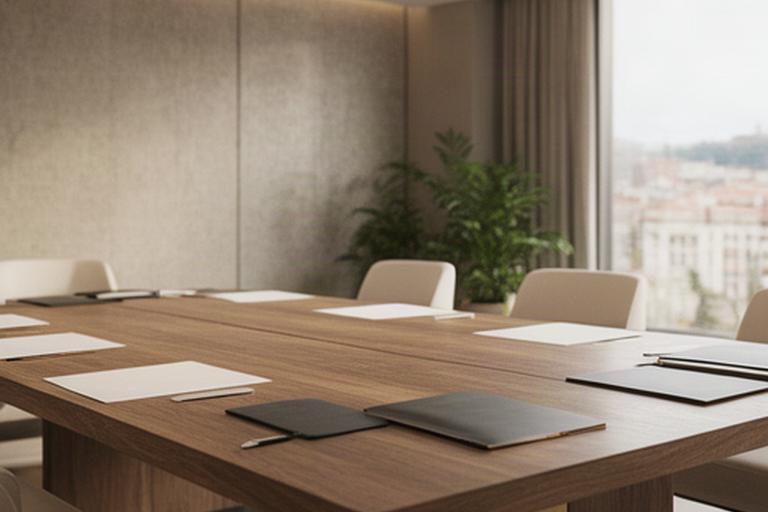 Sala de reuniones de un bufete jurídico en Bilbao con mesa de madera y documentos de trabajo
