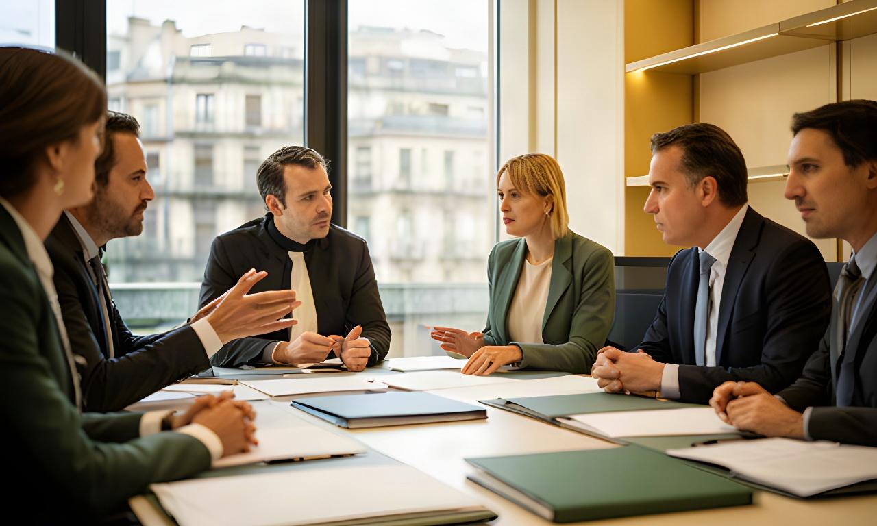 Reunión de un equipo jurídico en un despacho de Bilbao con documentos y luz natural