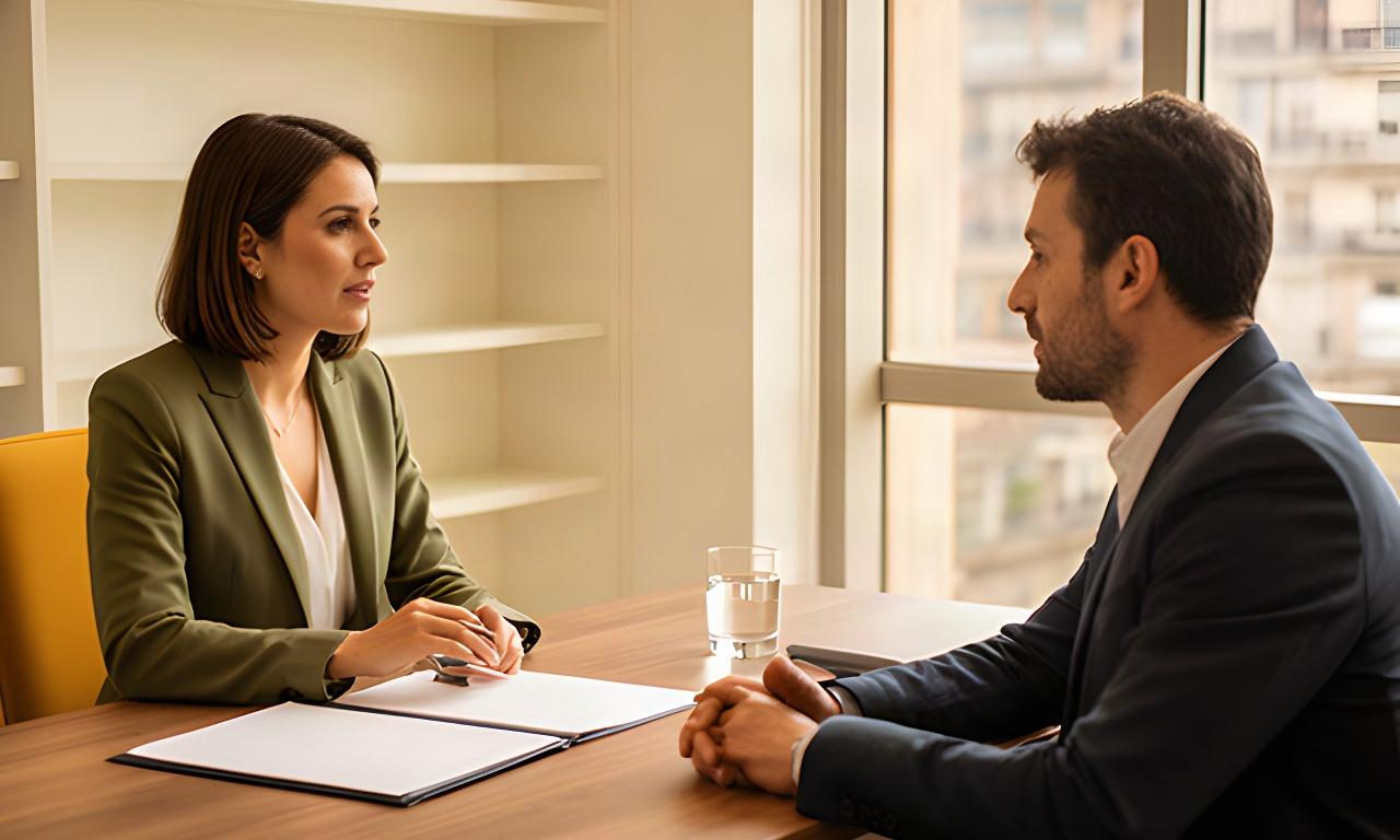 Consulta jurídica entre una abogada y un cliente en un despacho profesional de Bilbao