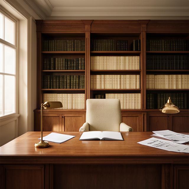 Biblioteca de un despacho de abogados con códigos jurídicos y una mesa de trabajo